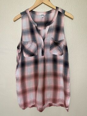 Sonoma Sleeveless Pink Plaid V-Neck Tunic Tank Top